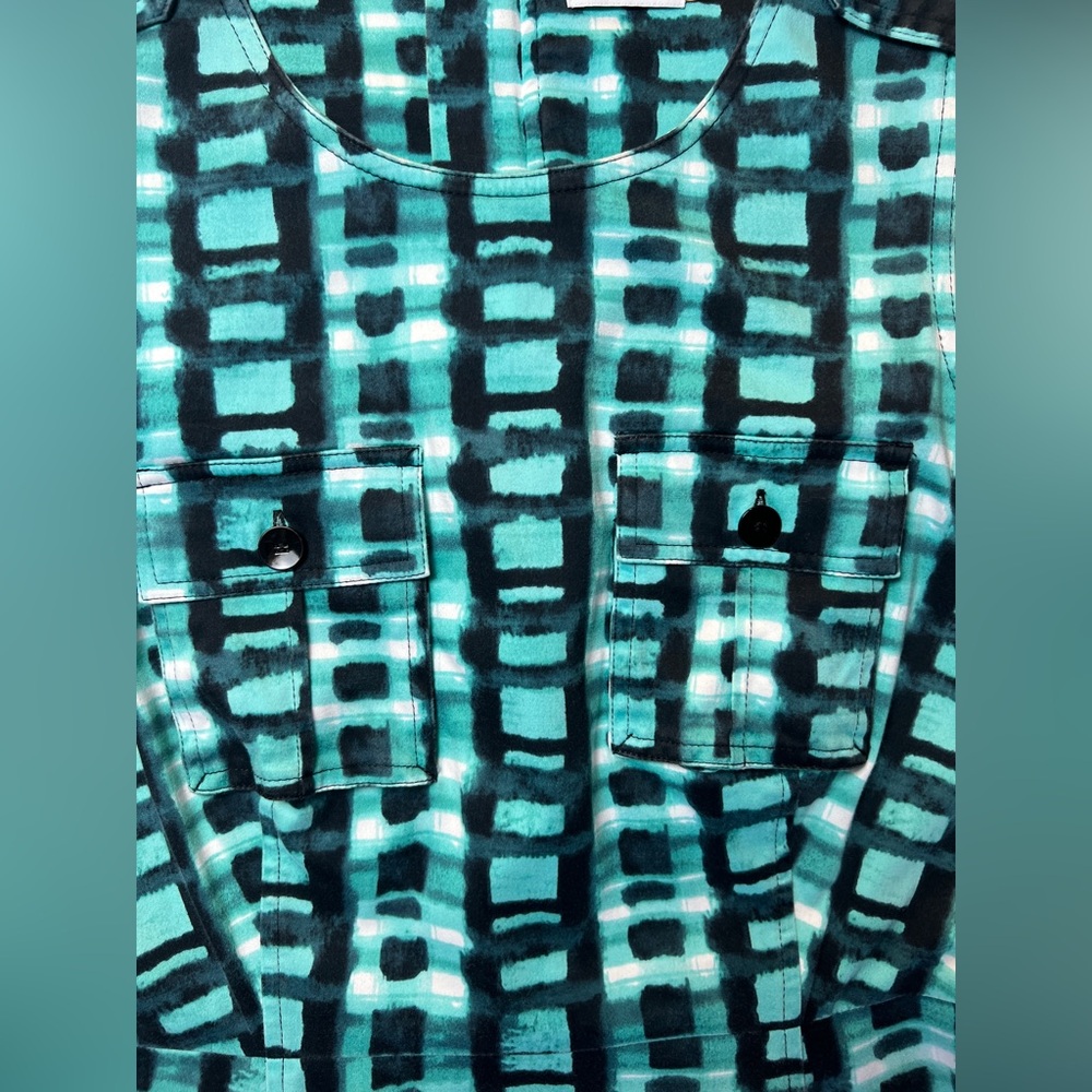 Marvin Richards Cotton Sheath Dress Teal Abstract Print Utility Pockets Size 4 - Picture 7 of 13